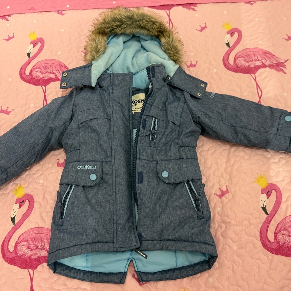 OshKosh B'gosh Denim Blue Kids Puffer Coat with Faux Fur Trim
